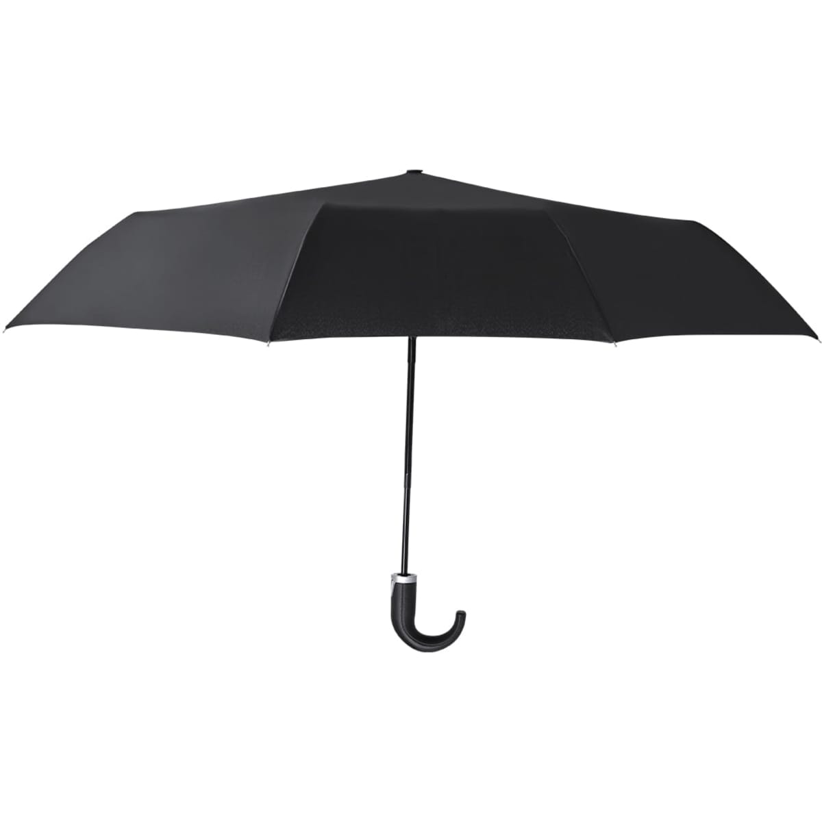 A black umbrella with a curved handle, featuring a sleek design and a solid canopy.