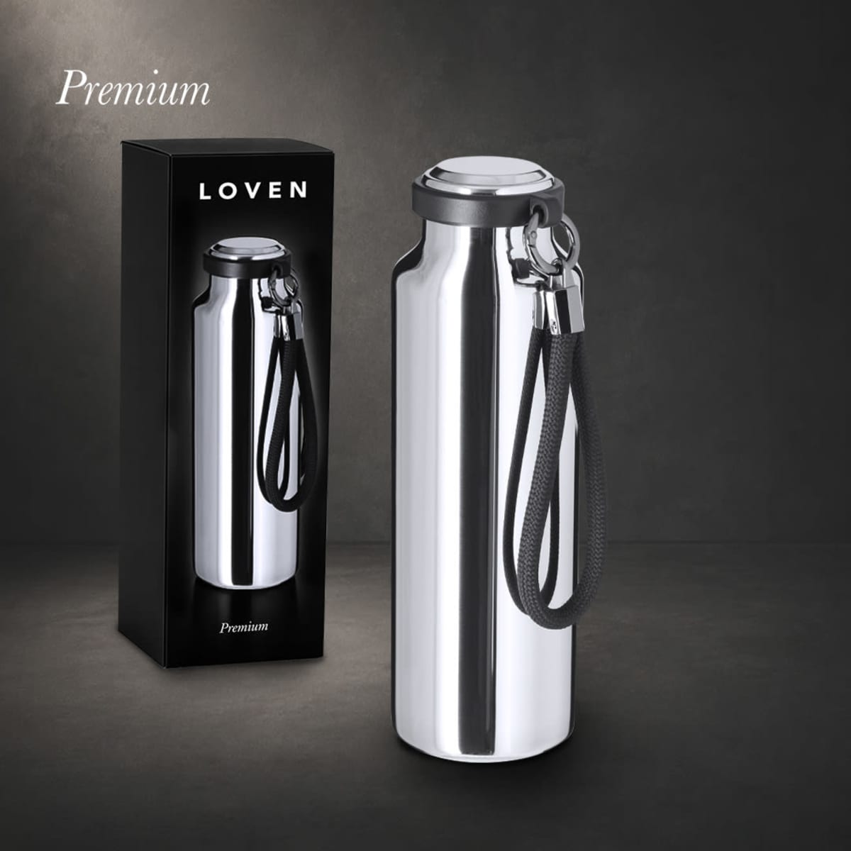 A stainless steel drink bottle in a sleek design, featuring a black and silver colour scheme and a logo.