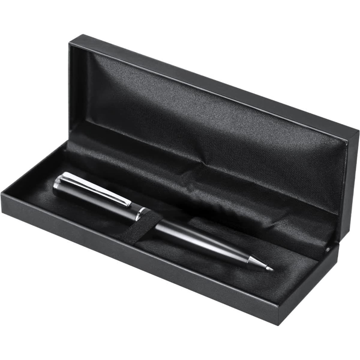 A sleek black pen housed in a black presentation box with a satin interior and a silver accent.