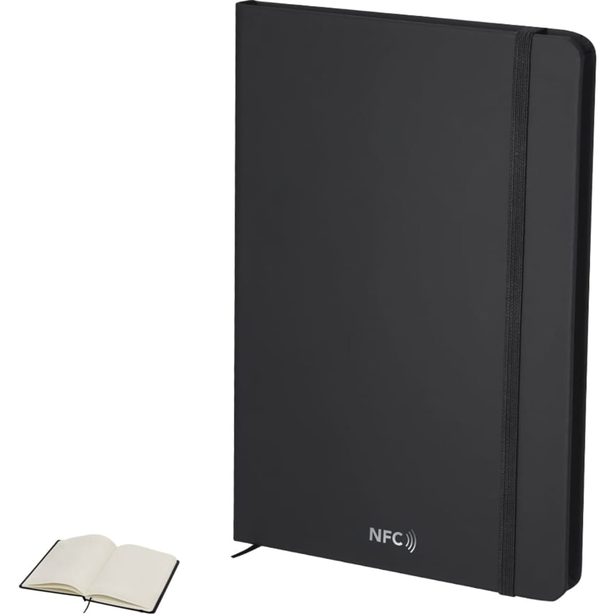 A black NFC notebook with a closed spine sits next to an open, blank, cream-coloured notebook.