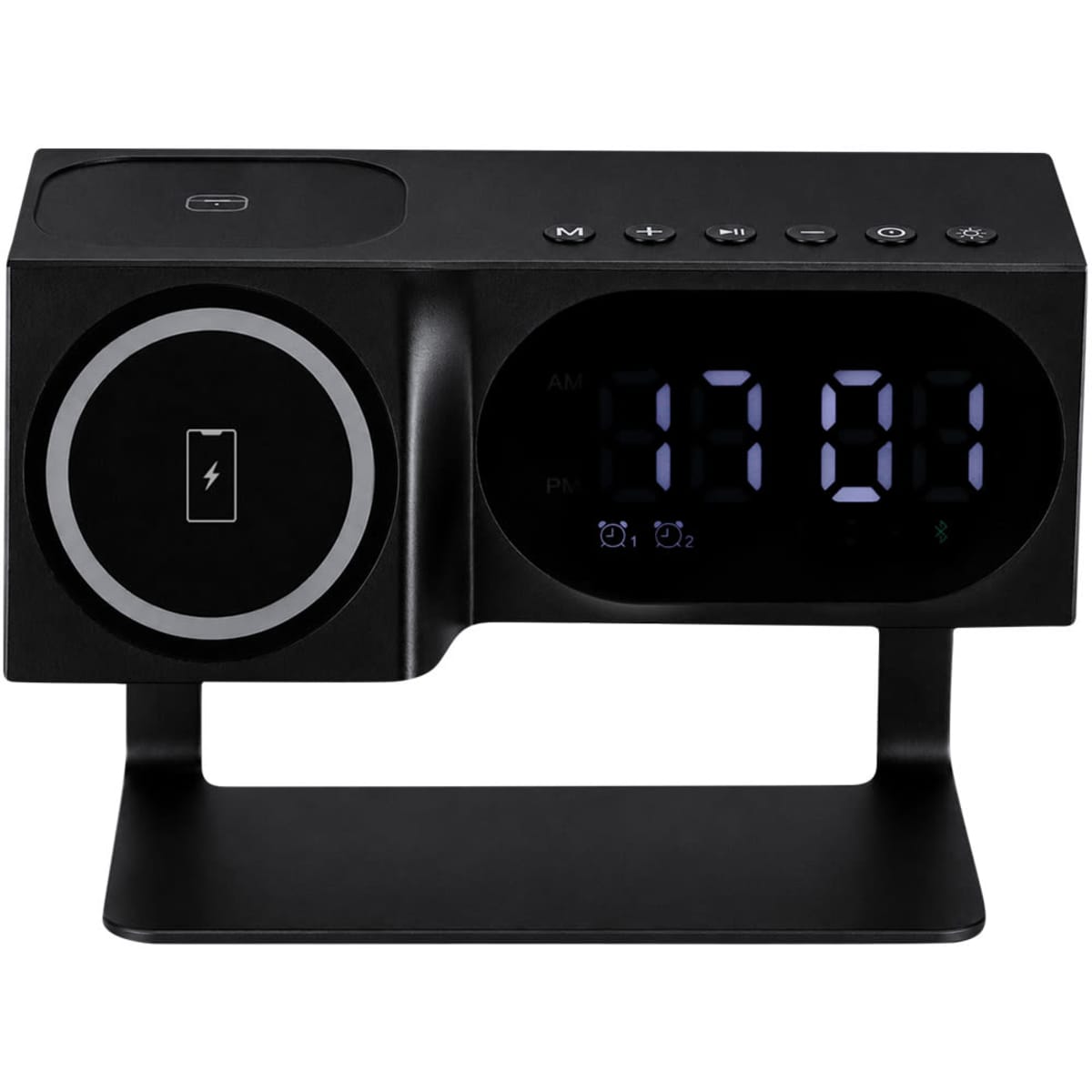 A black alarm clock with a wireless charging pad and digital display showing the time. Features buttons on top.