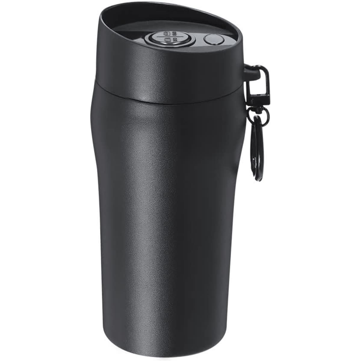 A drink bottle in matte black with a lid and a keychain attachment, featuring a sleek, insulated design.