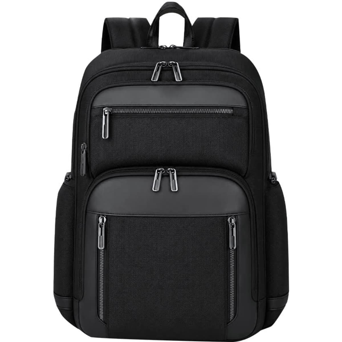 A black backpack with multiple zippered pockets and padded straps, featuring a sleek, modern design and a logo.