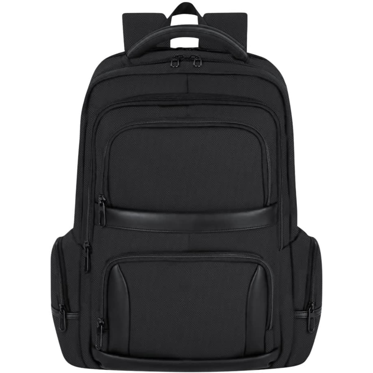 A black backpack with multiple zippered pockets and a sleek design, featuring a logo on the front.