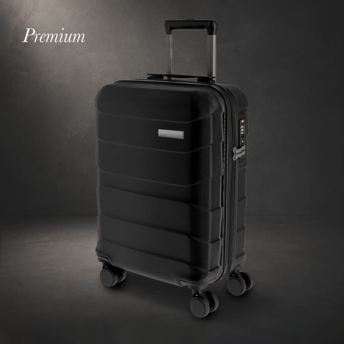 A black suitcase with a retractable handle and wheels, featuring a sleek, textured design and a branding logo.