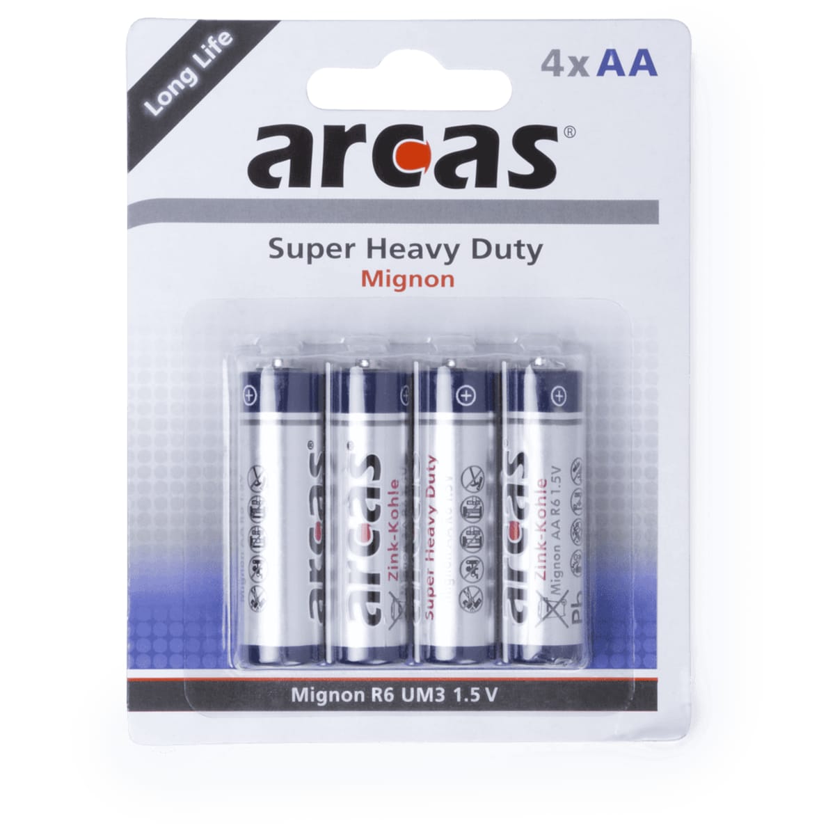 A pack of four AA batteries in white and silver packaging, featuring a brand logo and labels for heavy duty and long life.