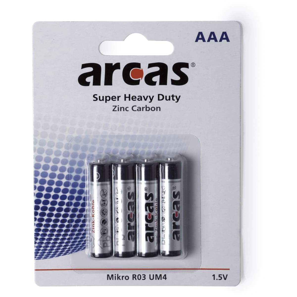 A pack of four AAA 1.5V batteries in silver and black, featuring a branded logo on the packaging.
