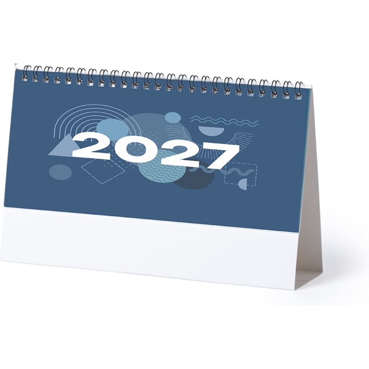 A desk calendar featuring a blue design with abstract shapes, displaying the year 2027. It has a spiral binding.