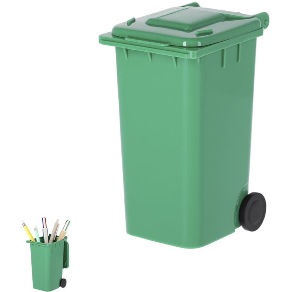 A green mini waste bin with a lid and a wheel, alongside a small bin filled with colourful pens and markers.