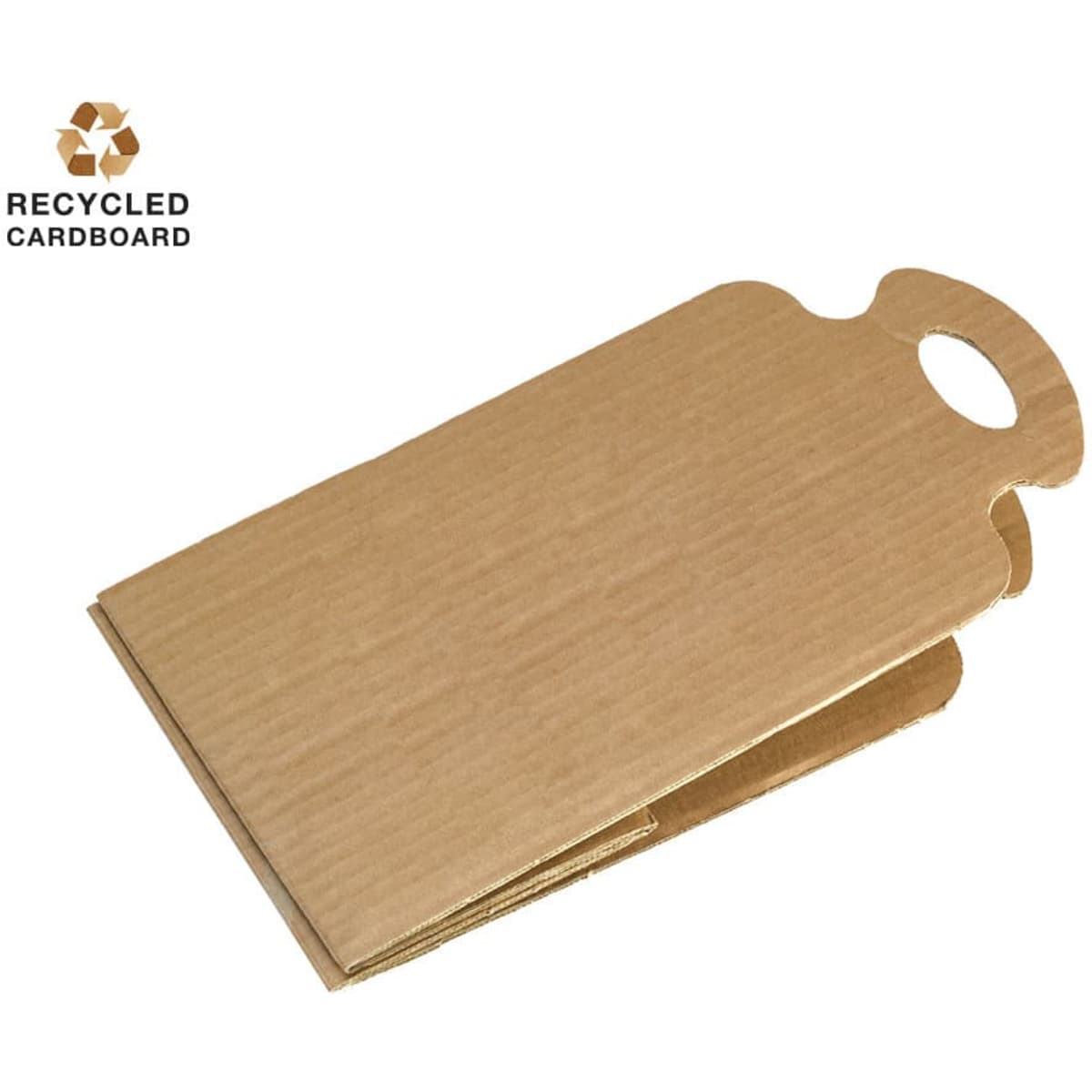 A brown cardboard holder made from recycled material, featuring a handle and a folded design.