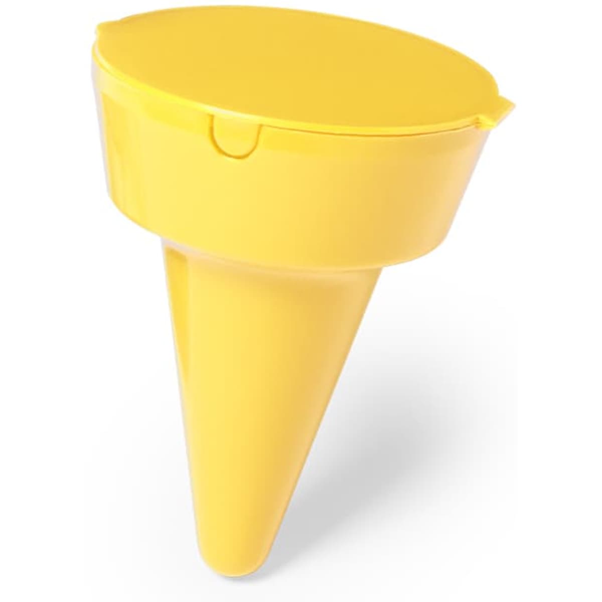 A yellow Cleansand Ashtray with a conical shape and a hinged lid. It features a logo on the surface.