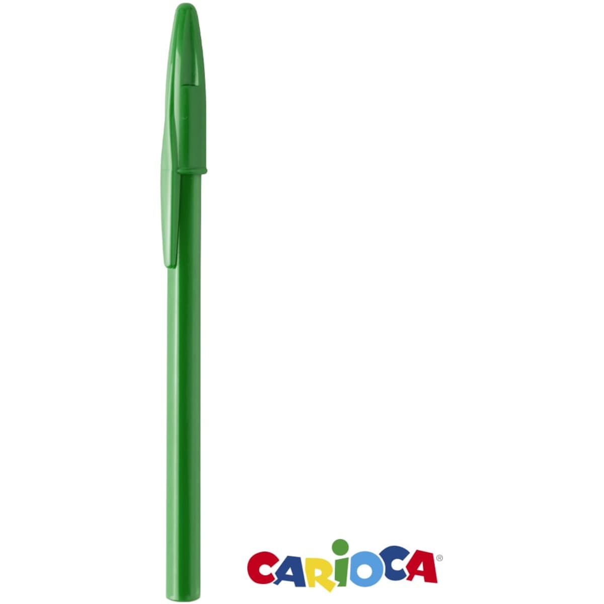 A green plastic pen with a clip and a logo at the bottom.