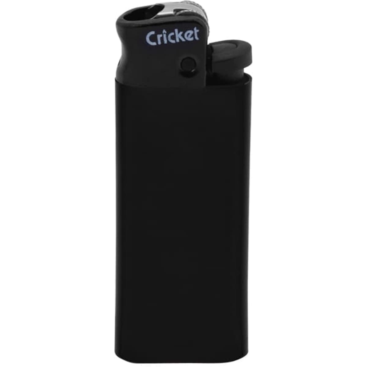A black lighter with a sleek design and a logo. It features a child safety lock and an ignition button.
