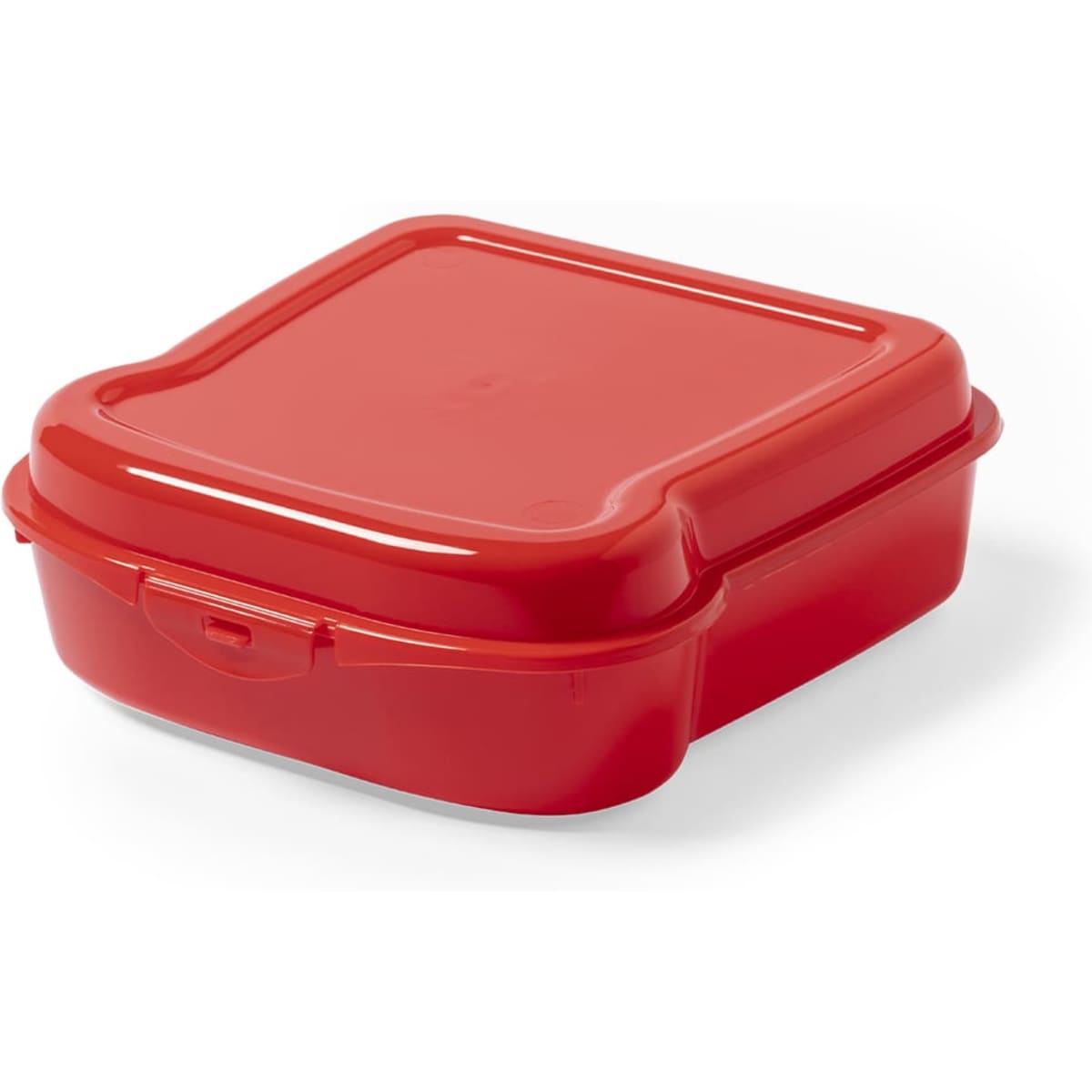 A red lunch box with a square shape and a secure lid, featuring a simple design and a logo.