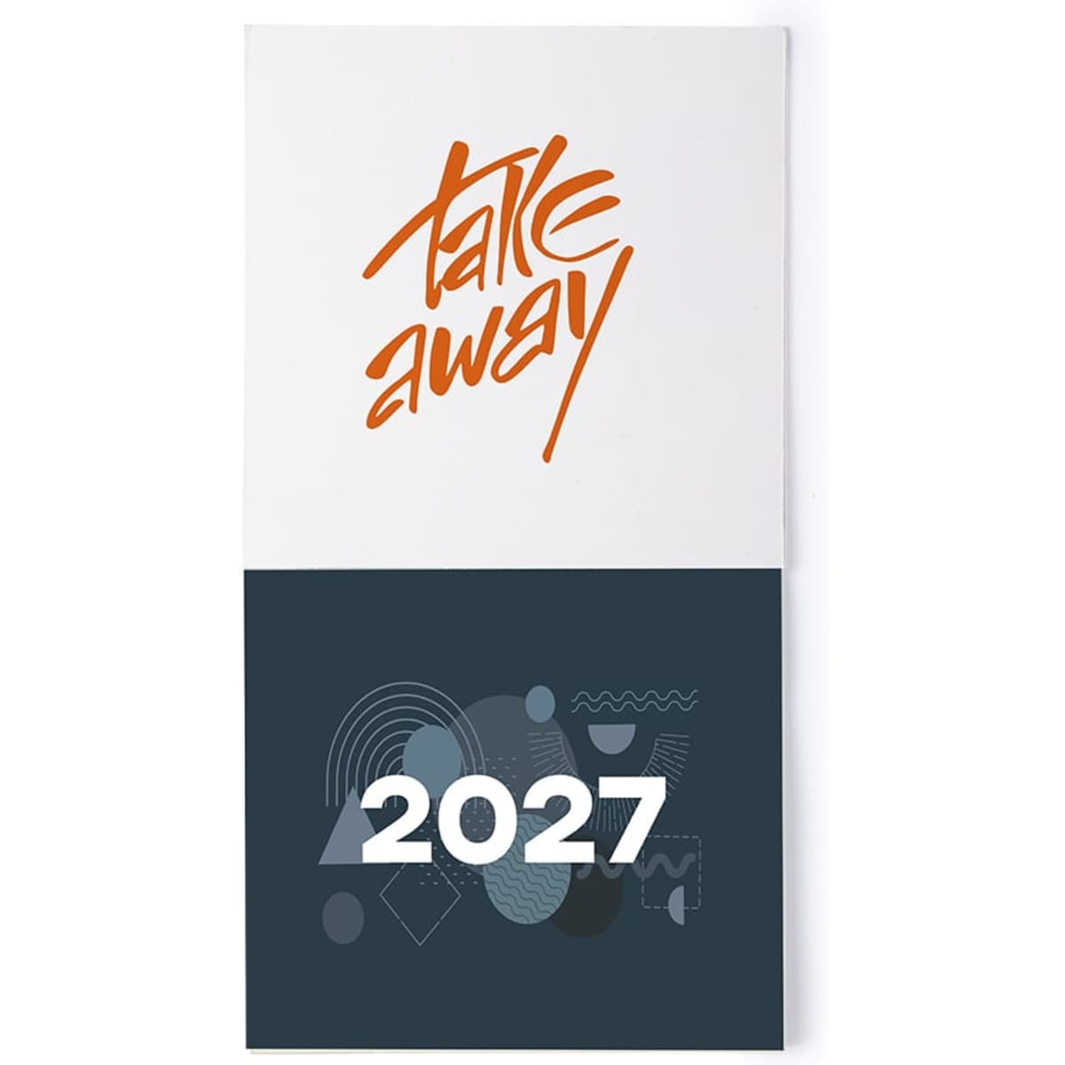 A magnet calendar featuring a white top section with orange text and a dark teal bottom section displaying "2027".