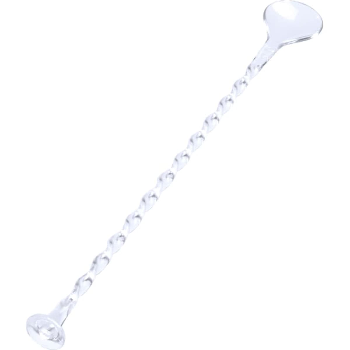A drink stirrer with a long, twisted handle and a round spoon end, featuring a clear plastic design.