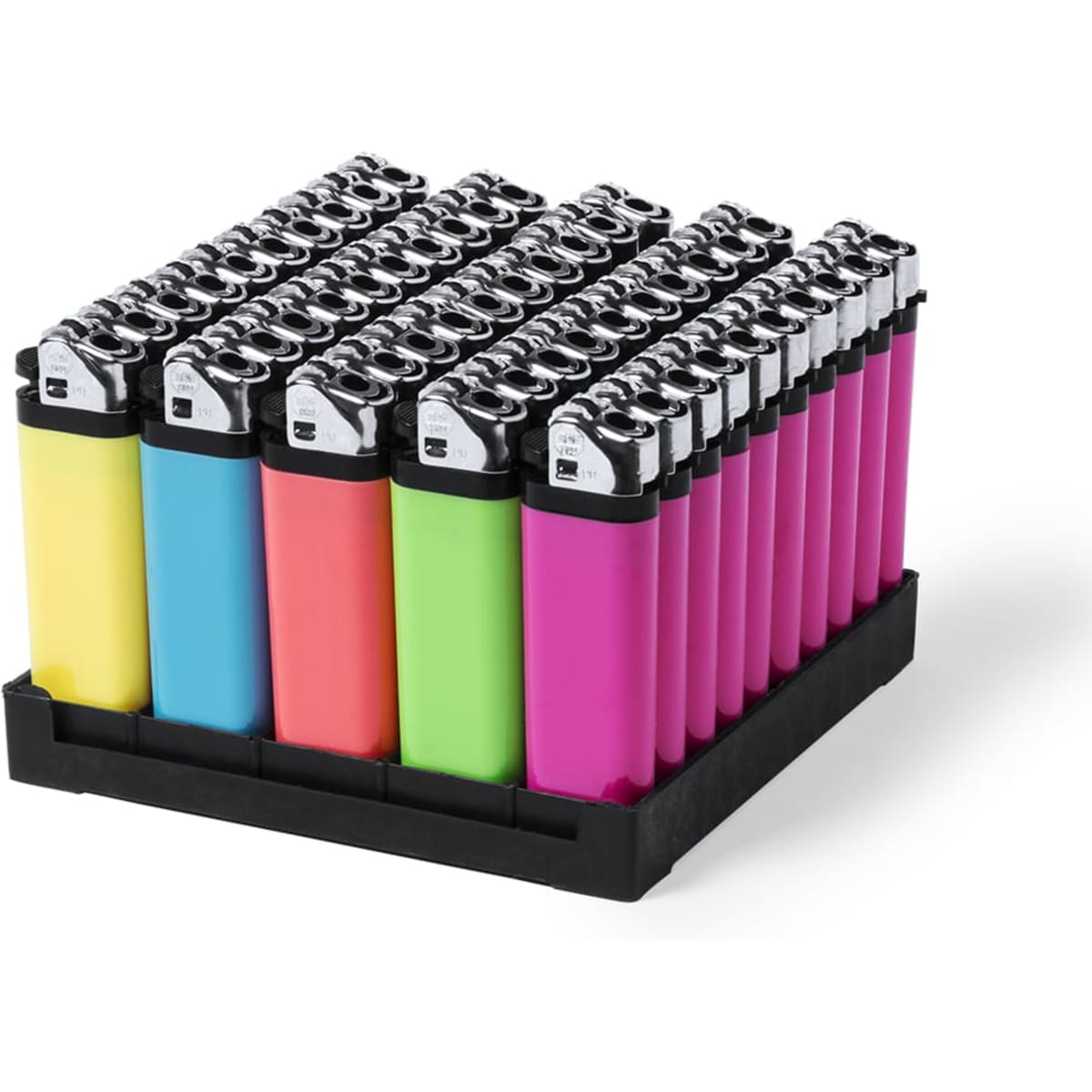 A collection of vibrant lighters in pink, green, blue, and yellow, arranged on a black display tray.
