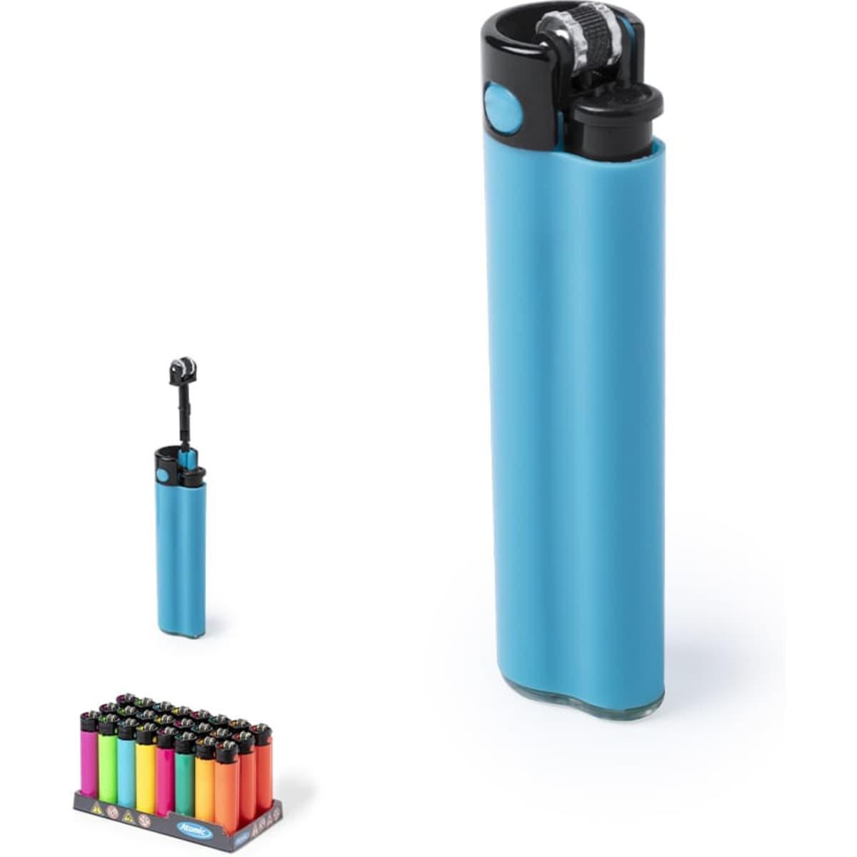 A turquoise lighter with a blue button, displayed with a set of multi-coloured lighters in the background.