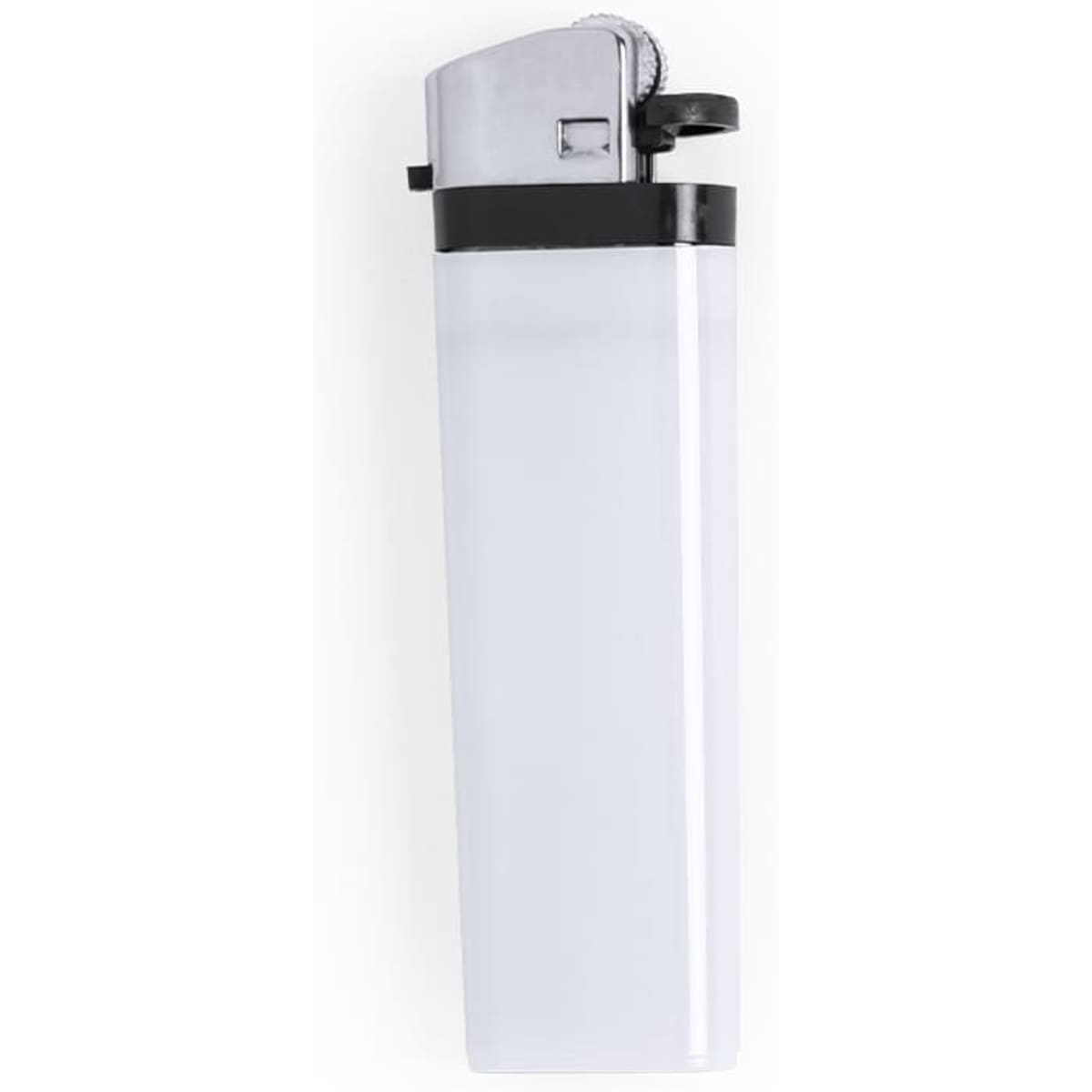 A clear lighter with a metallic silver top and a black accent. It features a branding logo on the side.