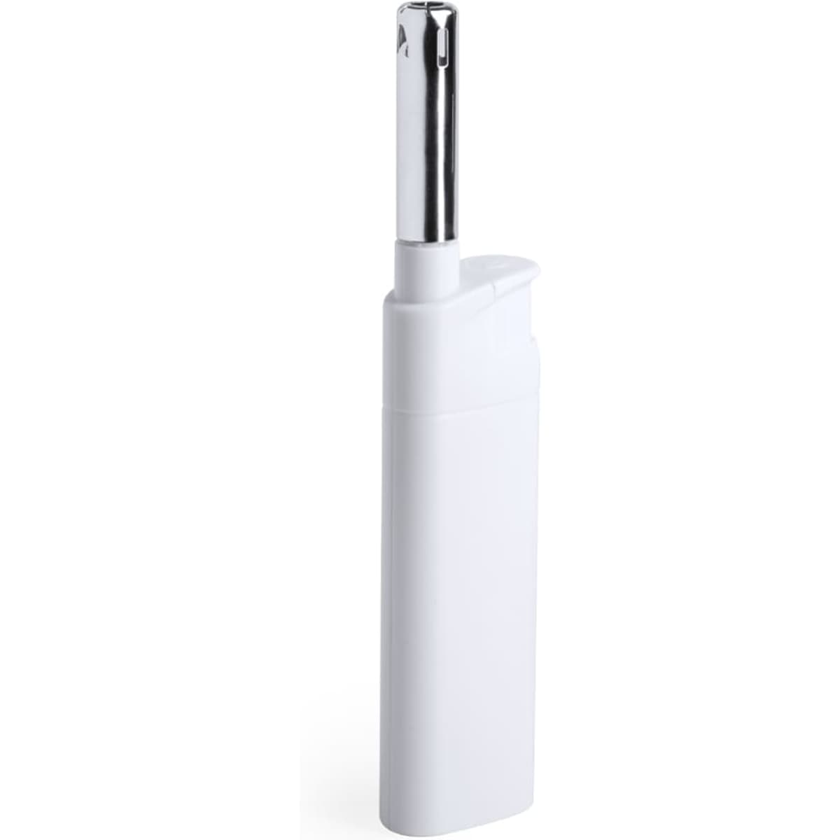 A white gas lighter with a chrome nozzle, featuring a simple, sleek design.