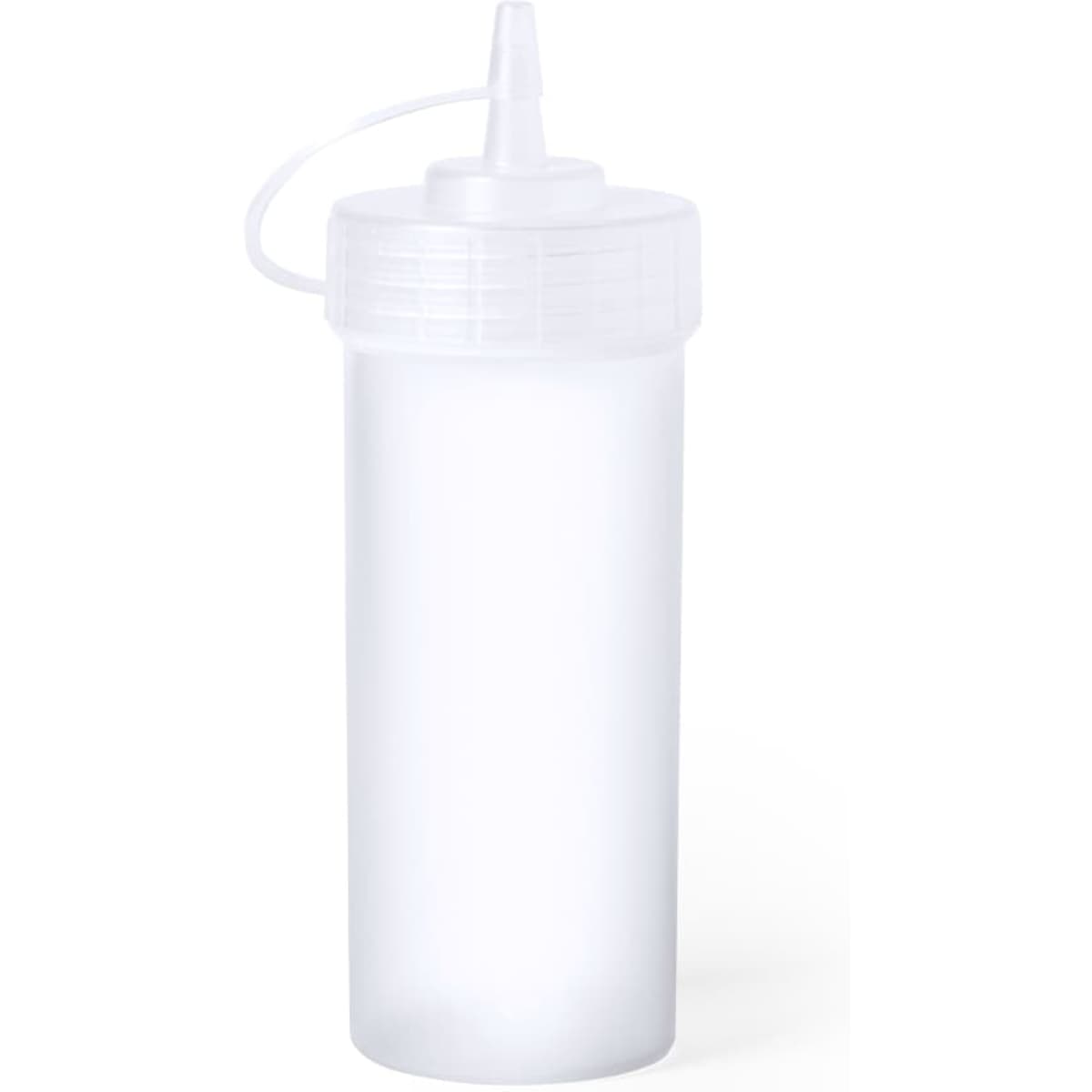 A drink bottle made of translucent white plastic with a squeeze top and nozzle. It features a simple design and has a logo.