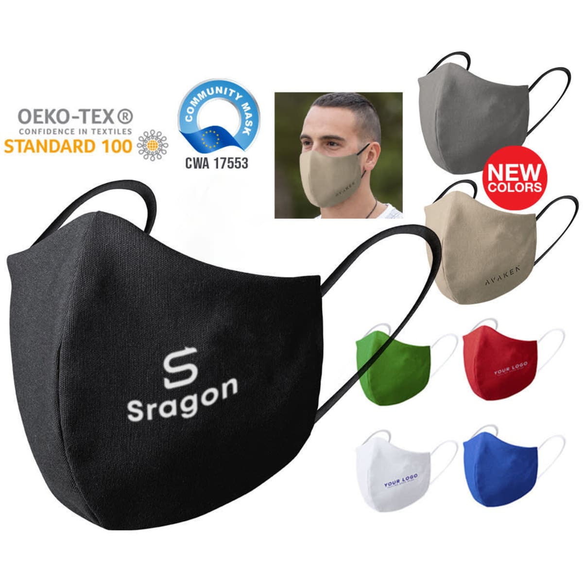 A reusable hygienic mask in various colours, including black, grey, red, green, and blue, featuring a logo.