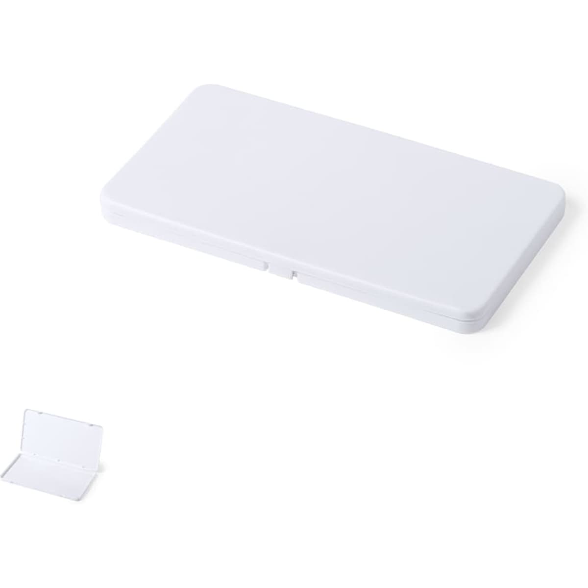 A white rectangular case with a hinge, featuring a clear stand on one side. The case has a smooth surface and rounded edges.