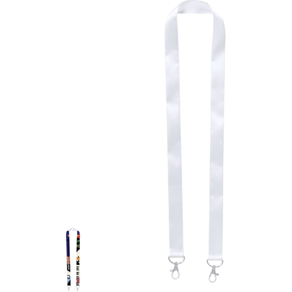 A white lanyard with clip attachments, featuring a second multi-coloured lanyard design in the background.