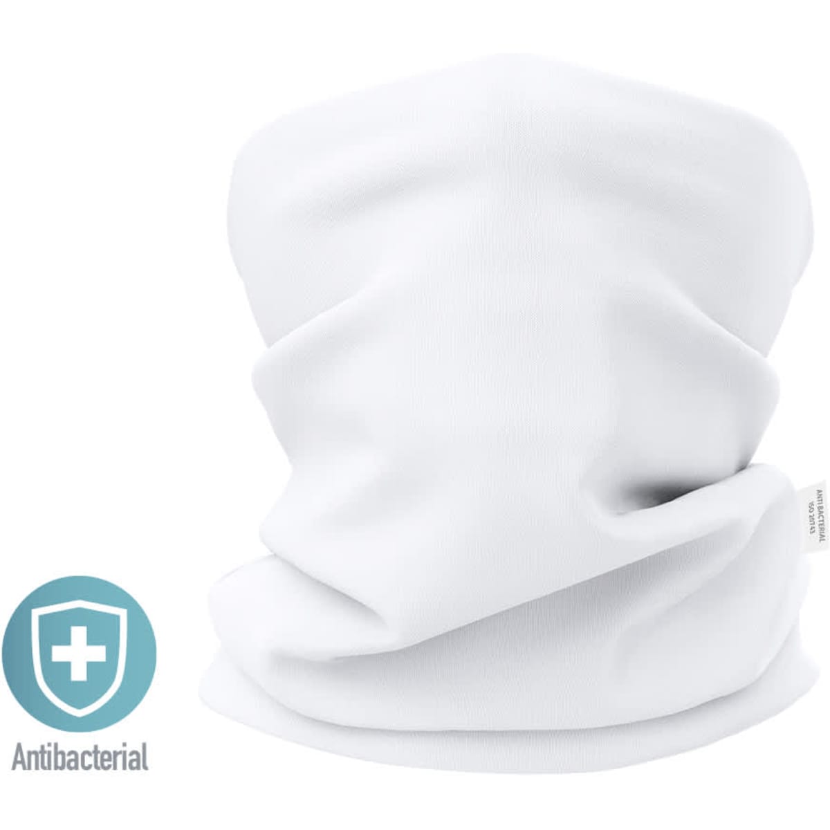 A white antibacterial neck warmer with a soft, flexible design. The product features a logo.