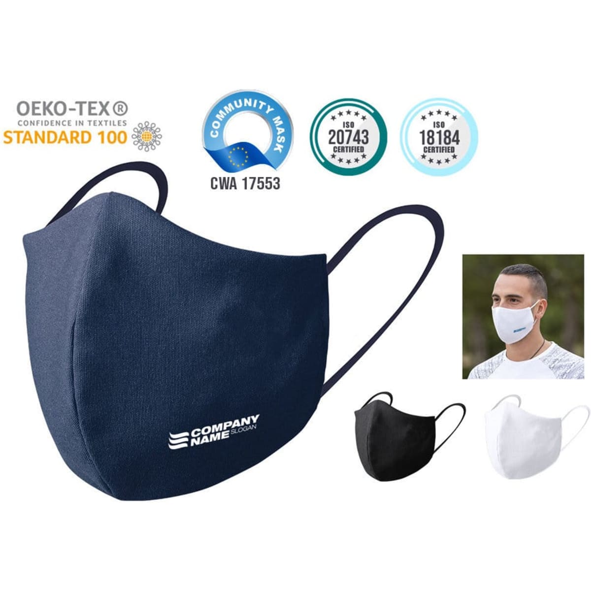 A navy reusable hygienic mask with ear loops and a logo, alongside black and white mask options.
