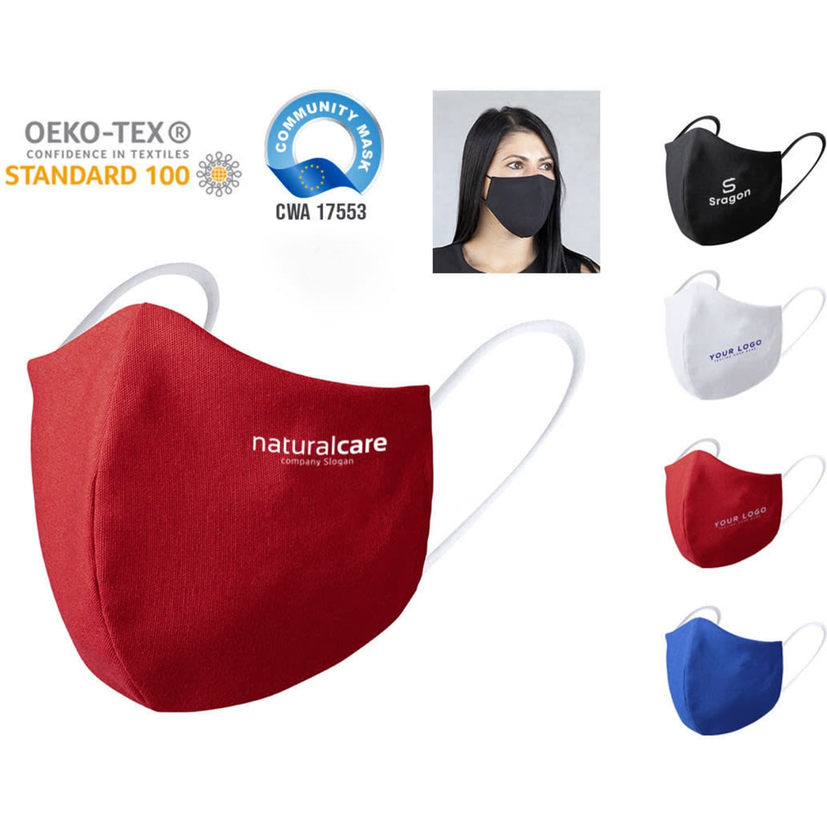 Reusable hygienic masks in red, black, white, and blue with ear loops and a logo on some masks.