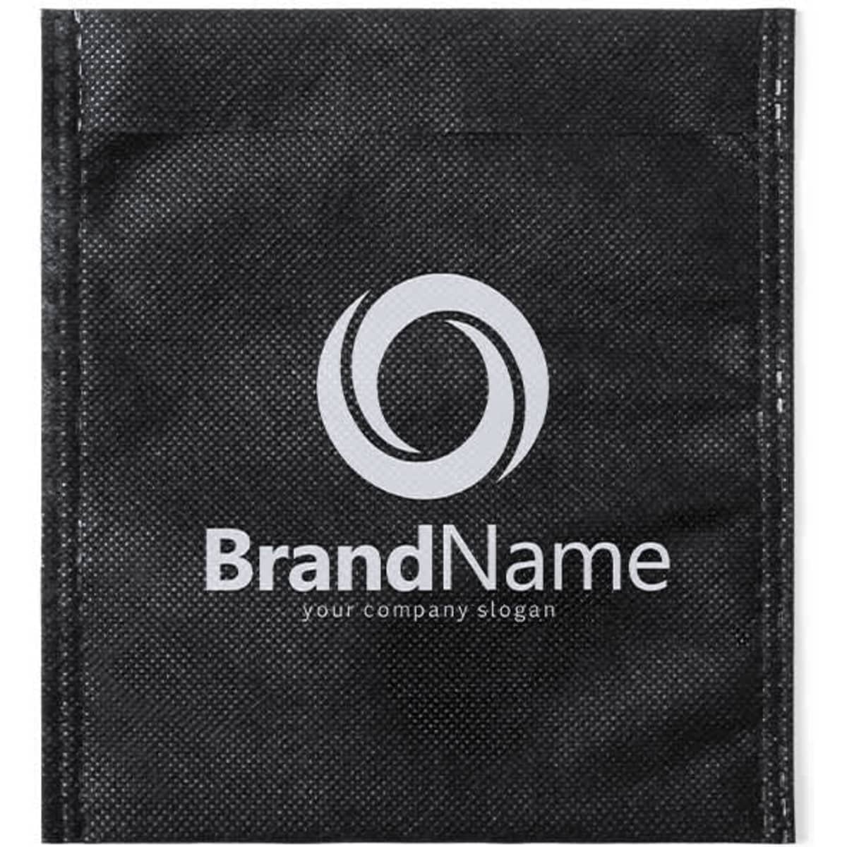 A black pouch with a logo and slogan on the front, made from a durable material.