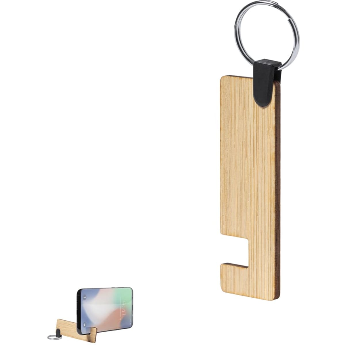 A wooden phone stand with a keyring attachment, featuring a minimalist design and natural finish.