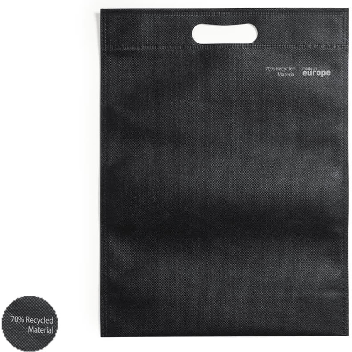 A black tote bag with handles, made from 70% recycled material, featuring a logo on the front.