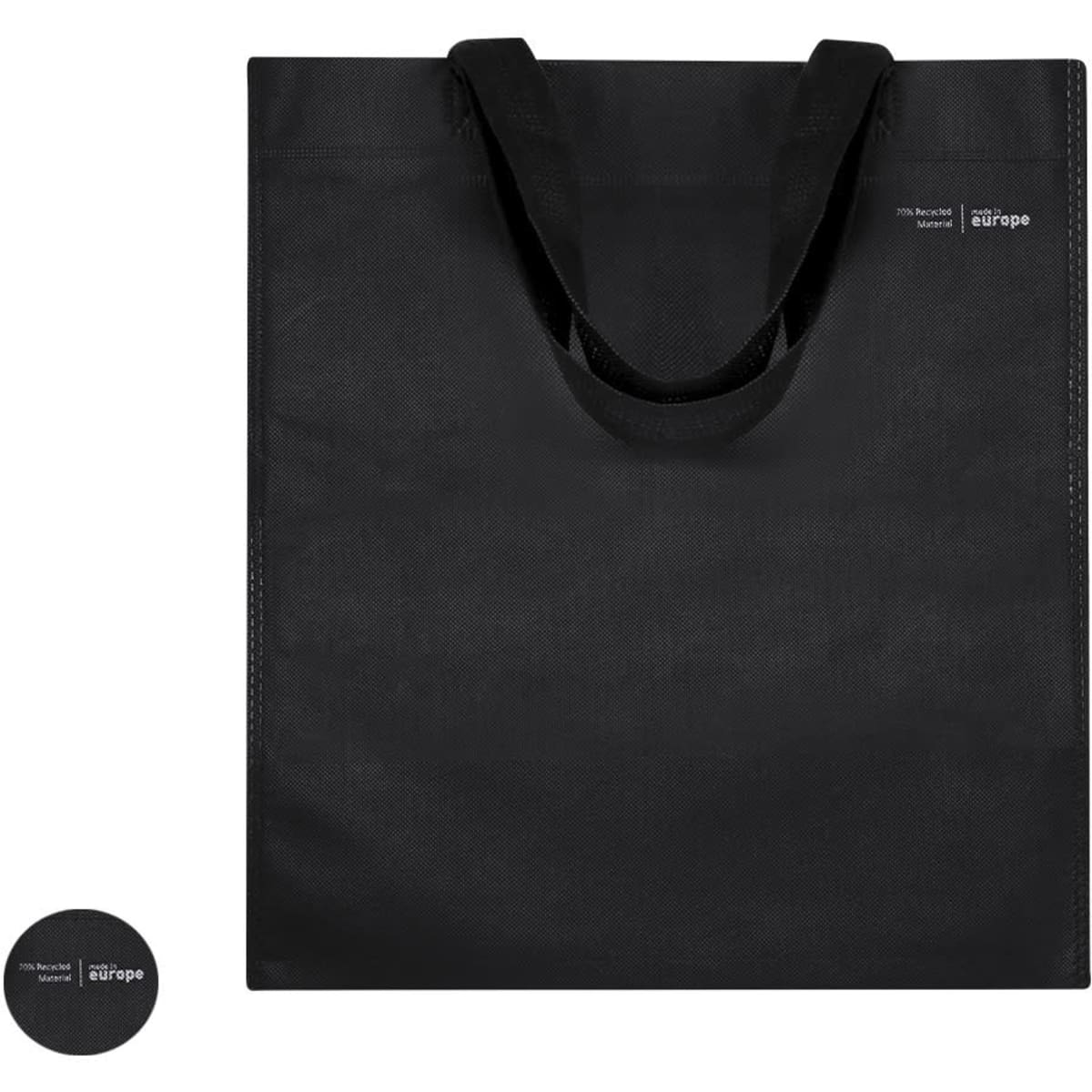 A black tote bag with sturdy handles and a circular clip-on detail. It features a logo on the front.