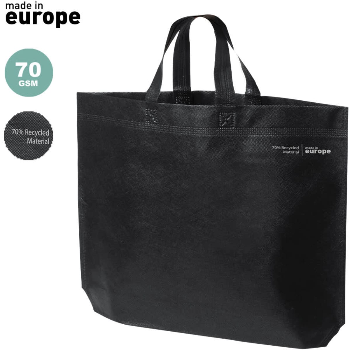 A black reusable grocery bag with two handles, made from 70% recycled material, featuring a simple logo.