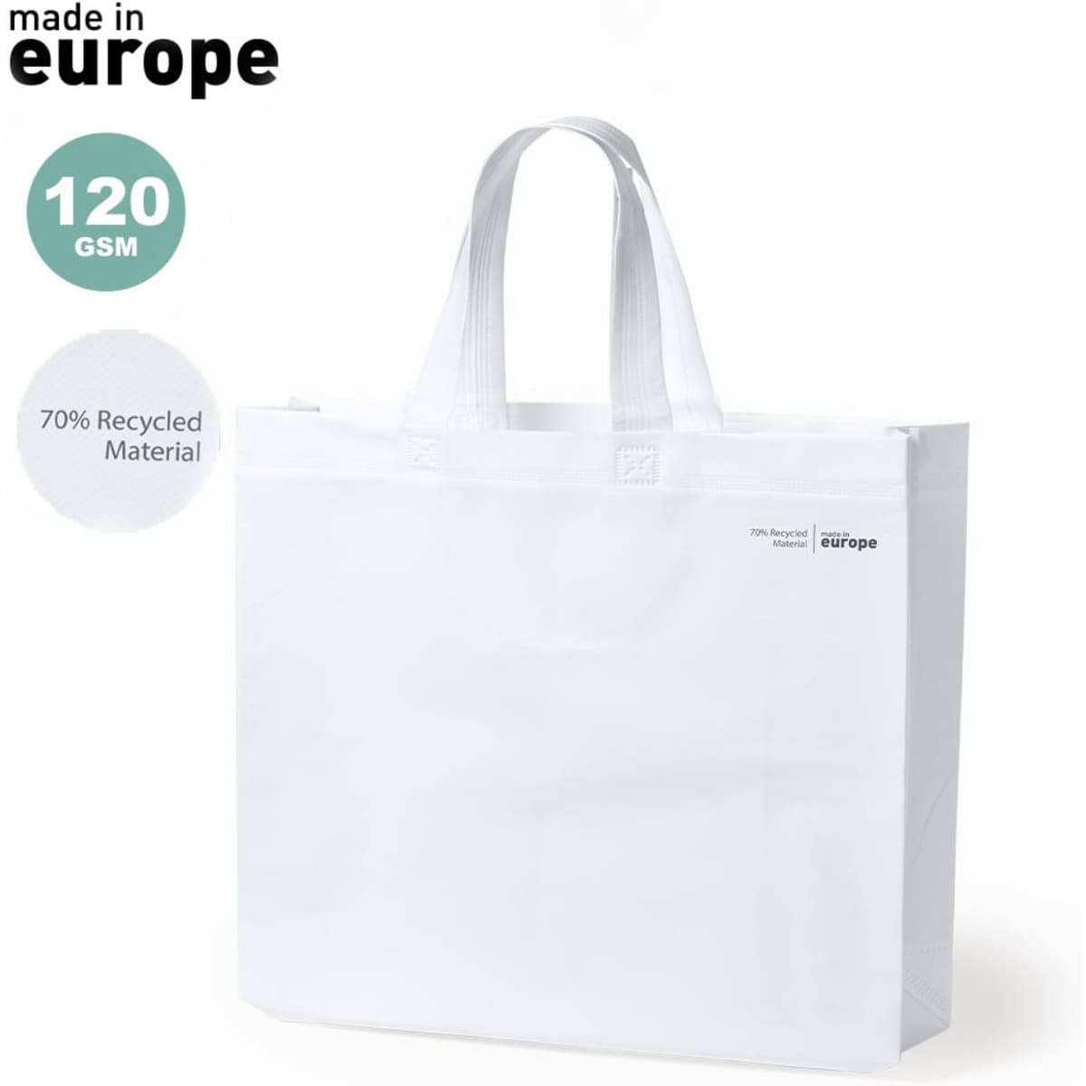 A white reusable bag with sturdy handles, made from 70% recycled material, featuring a logo.