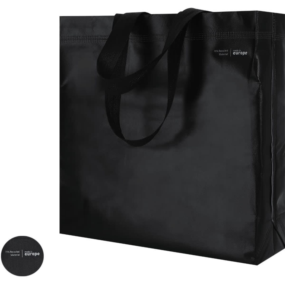 A black reusable grocery bag with sturdy handles and a logo. The bag features a simple, spacious design.