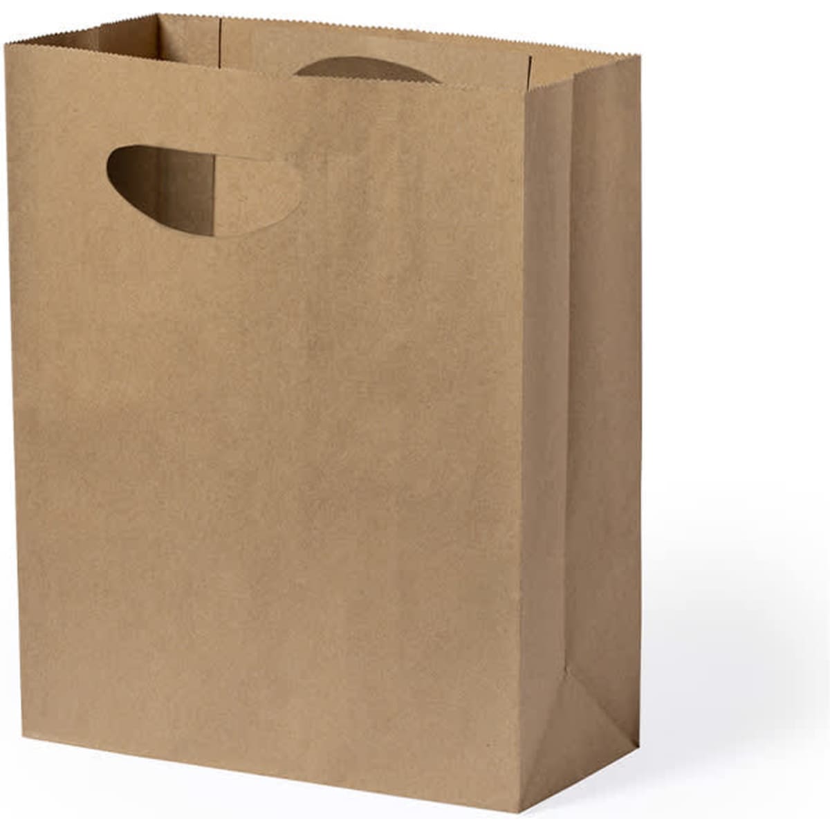 A brown paper bag with a cut-out handle, featuring a plain design and no visible branding.