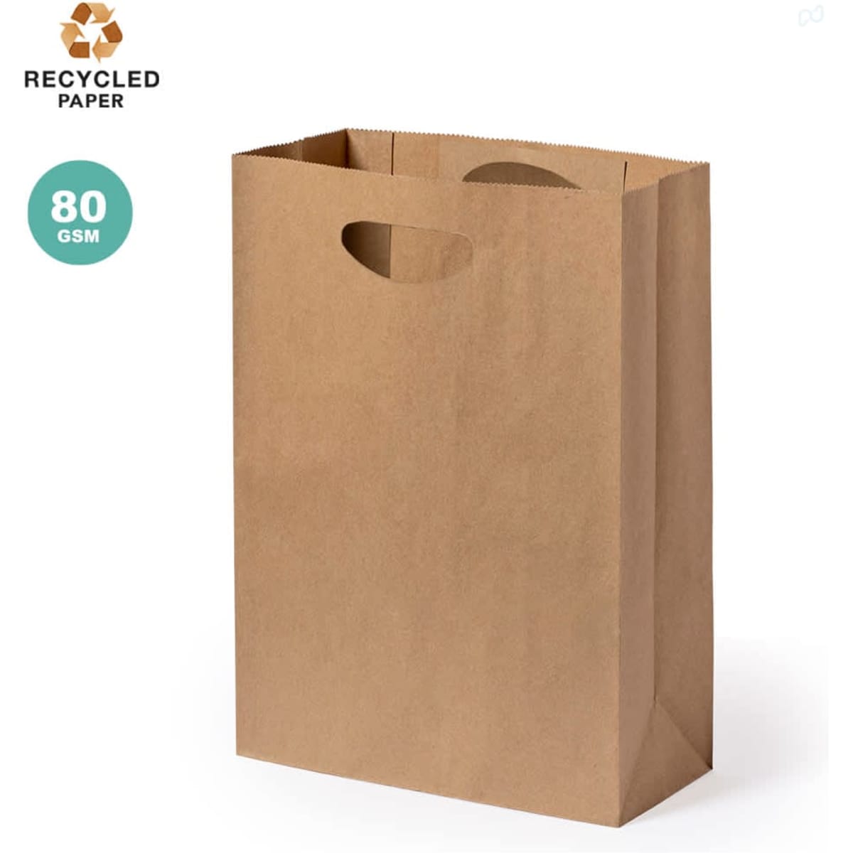 A brown recycled paper bag with handles, featuring a clean and simple design.