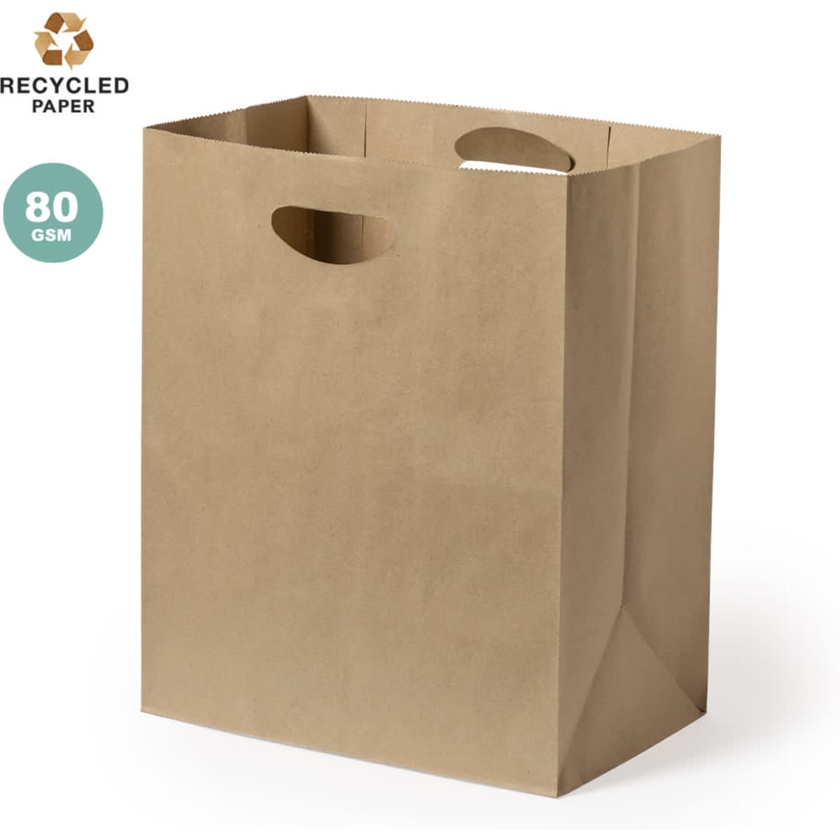 A brown paper bag with cut-out handles, made from recycled material, featuring a logo.