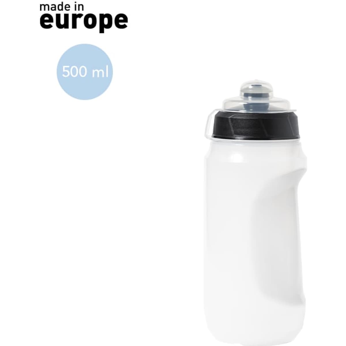A drink bottle in white with a black lid, featuring a push-pull top and a logo. Capacity of 500 ml.