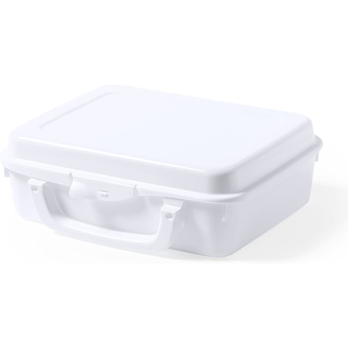 A white lunch box with a handle, featuring a simple, rectangular design. It has a smooth surface and a secure lid.