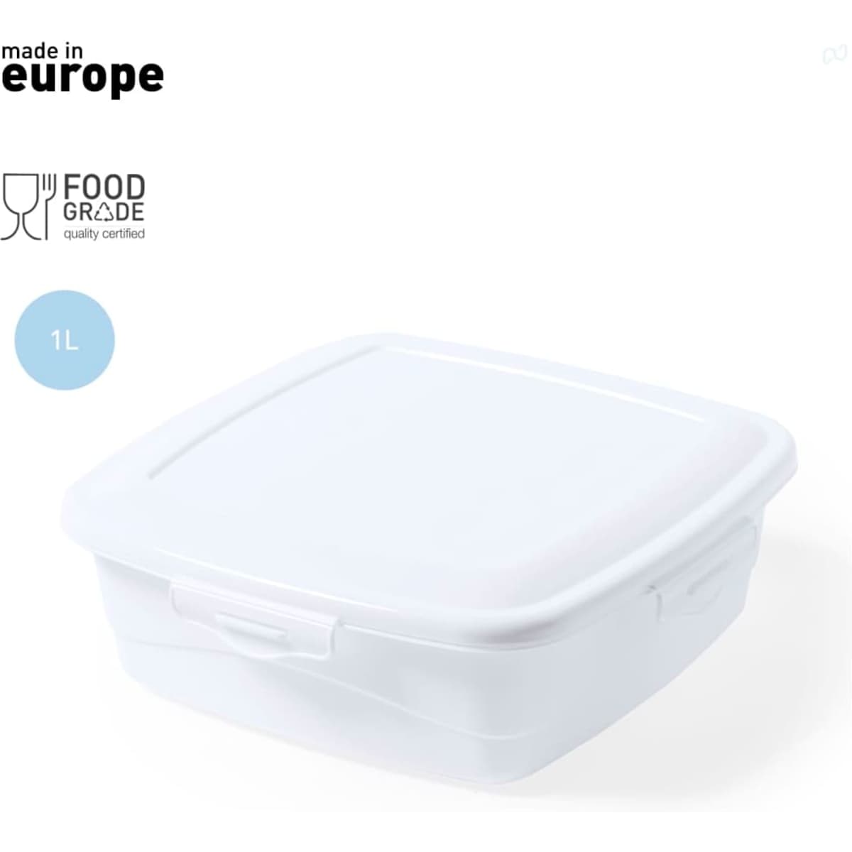 A white, square lunch box with a secure lid, featuring a food-grade quality certification.