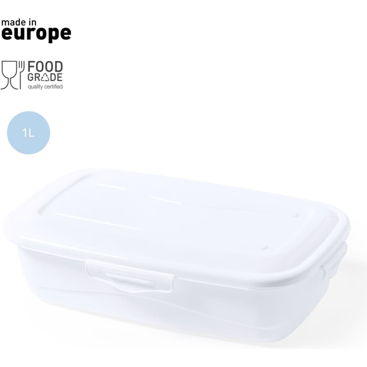 A white food-grade lunch box with a lid, featuring a simple design and a light blue accent.