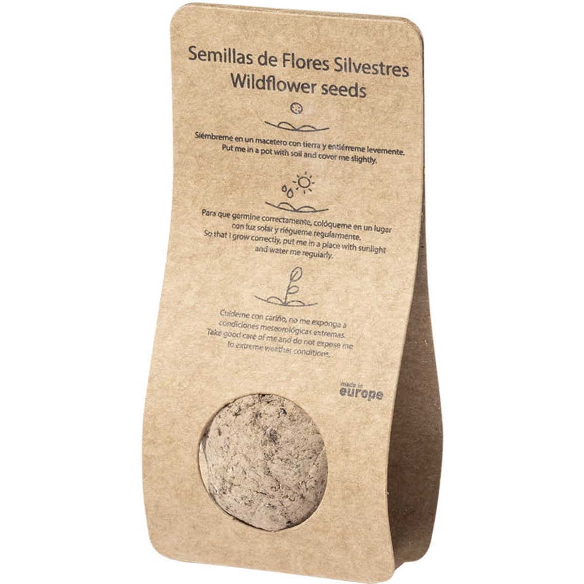 A packet of wildflower seeds in a brown paper design with organic branding details and planting instructions.