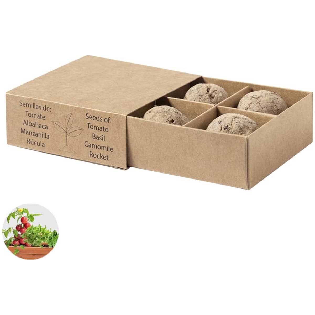 A brown cardboard gift set containing seed balls for tomato, basil, chamomile, and rocket. Features a logo on the box.
