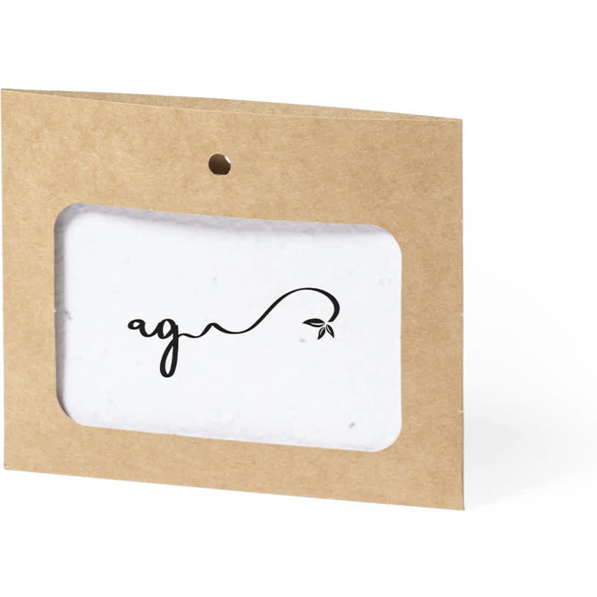 A name badge in a brown card holder with a cut-out window, featuring a simple black design and logo.