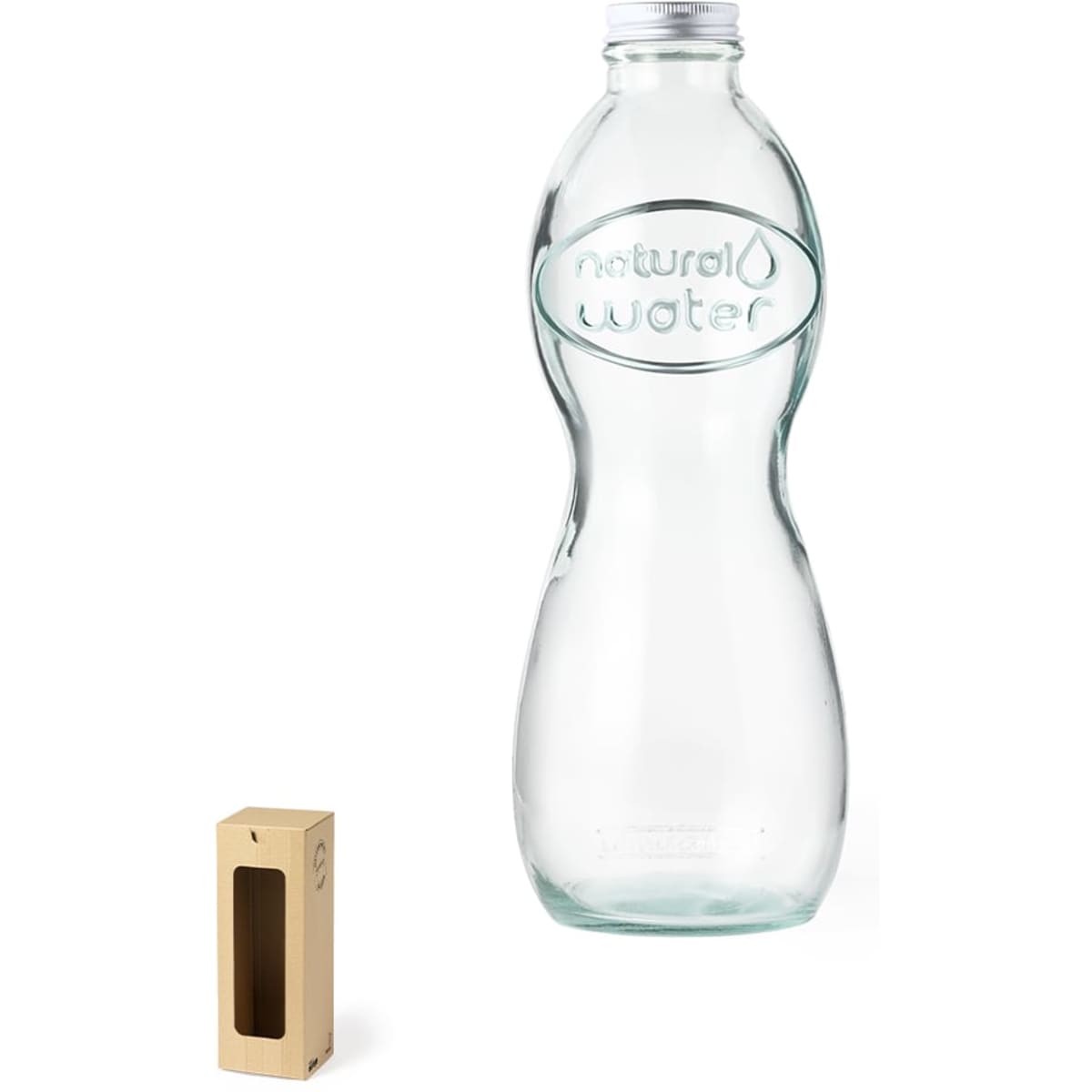 A drink bottle with a sleek, transparent design and an organic shape, accompanied by a small cardboard box.