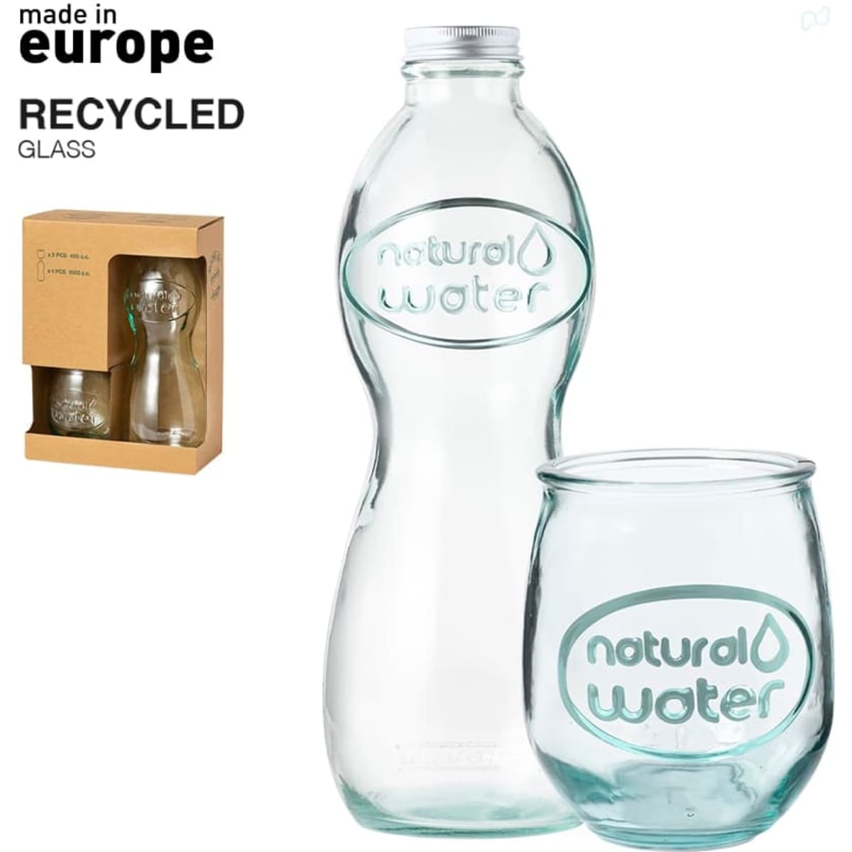 A glass drink bottle and a matching tumbler, both made of recycled glass, featuring a logo.
